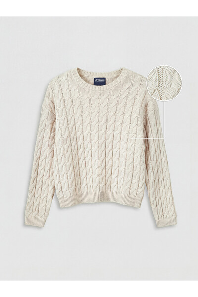 LC Waikiki Nevavm Ecru Oval Collar Patterned Girl's Knit Sweater with a Diffe...