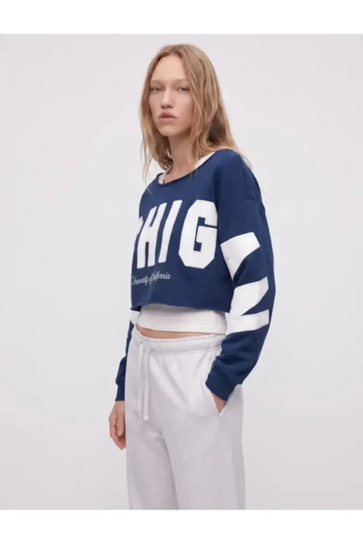 Koton Cotton Shaded Comfortable Fit Boat Neck Long Sleeve Printed Crop Sweats...