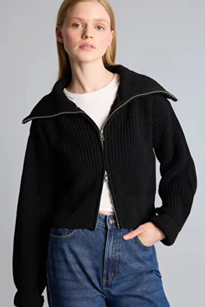 DeFacto Oversized Zippered Black Cardigan A3333Ax26Wn
