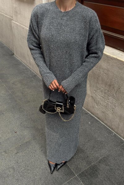 Swist Füme Yarasa Kol Bisiklet Yaka Fitil Örgü Kadın Triko Elbise