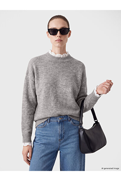 LC Waikiki Lcw Comfort Gray Knitwear Straight Stand Collar Women's Sweater wi...