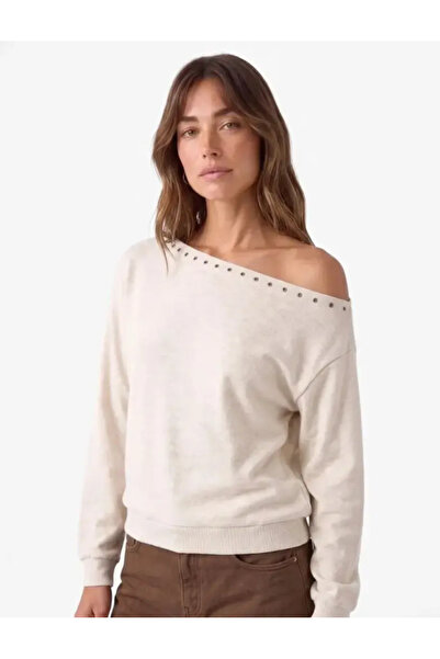 Koton Long Sleeve Asymmetrical Boat Neck Off-Shoulder Sweatshirt with Staple ...