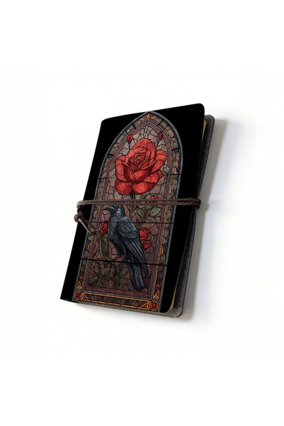 Choice Stained Glass Raven Rose A6 Leather Notebook - Gothic Witchy Style, Tr...