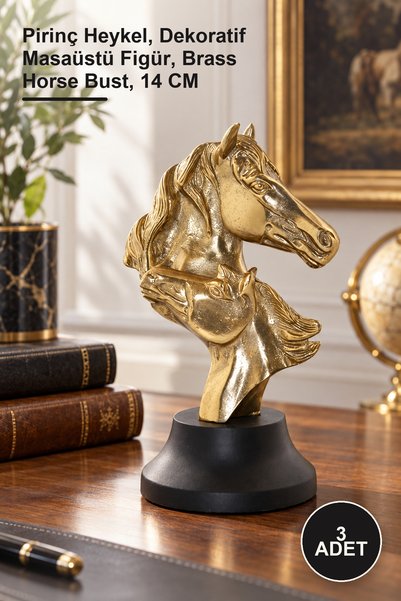 Yenilig 3 Adet At Büstü – Pirinç Heykel, Dekoratif Masaüstü Figür, Brass Horse Bust, 14 CM