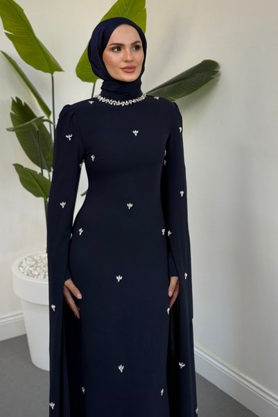 MERVEN AKYÜZ Taylor Taşlı Kolları Pelerinli Abiye Lacivert