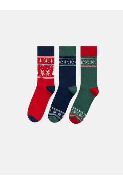 LC Waikiki Nevavm Red Printed 3-Pack Men's Socks with Difference