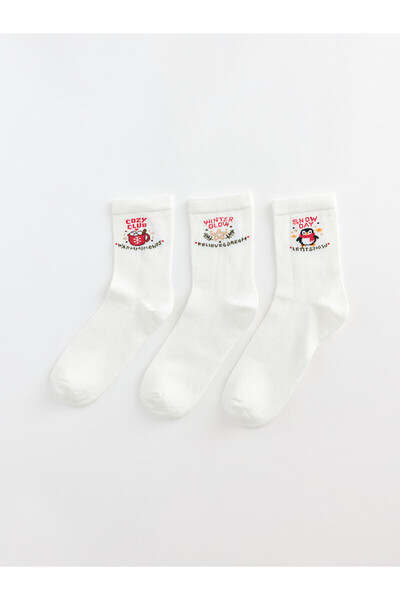LC Waikiki Nevavm Ecru Printed 3-Pack Women's Socks with a Difference
