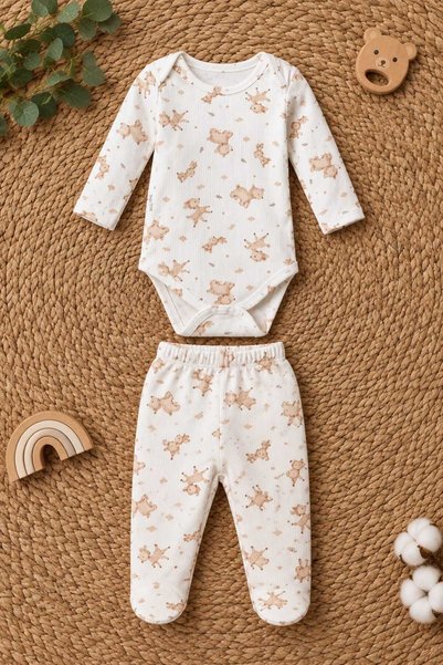 DEFNE LİNA BABY Baby Girl 100% Cotton 4-Piece Top and Bottom Bodysuit Set