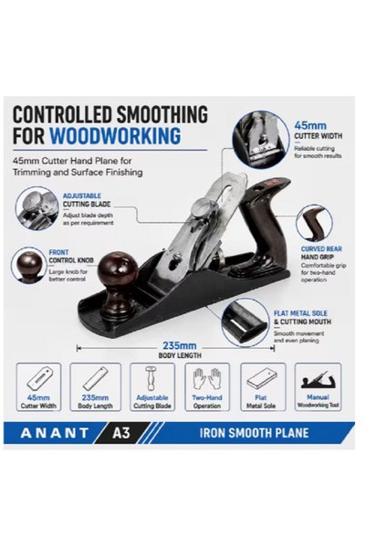 Generic Brand A3 Iron Smoothing Hand Plane, 45mm Adjustable Cutter, 235mm Man...
