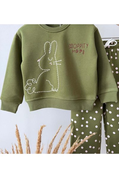 Monila Girl's Khaki Embroidery Detailed Polka Dot Tracksuit with Cotton Bottoms