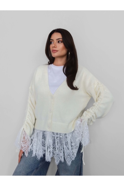ESRAHELVACI Lace Detail Sleeve Gathered Knitwear Cardigan