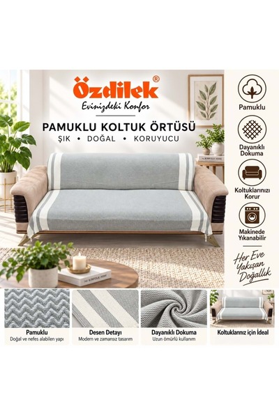 Özdilek Pamuklu Kaymaz Zigzag Koltuk Örtüsü (3+3) - Haki Yeşili