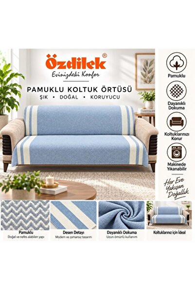 Özdilek Pamuklu Kaymaz Zigzag Koltuk Örtüsü (3+3) - İndigo
