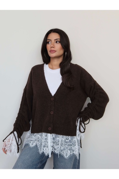 ESRAHELVACI Lace Detail Sleeve Gathered Knitwear Cardigan