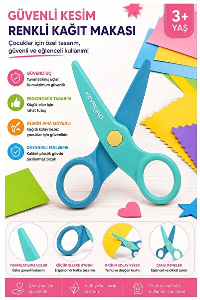 Artmaster Yeşil Mavi Kağıt Makası 1 Adet Keyroad Plastik Küt Uç Korumalı Okul...