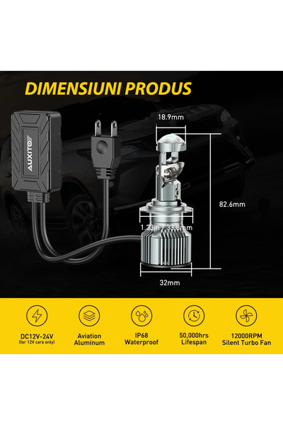 AUXITO Set 2 becuri LED auto Auxito® H7 cu proiector, 110W/set, 30000LM, CANBUS fara eroare, alb 6500K, 12V