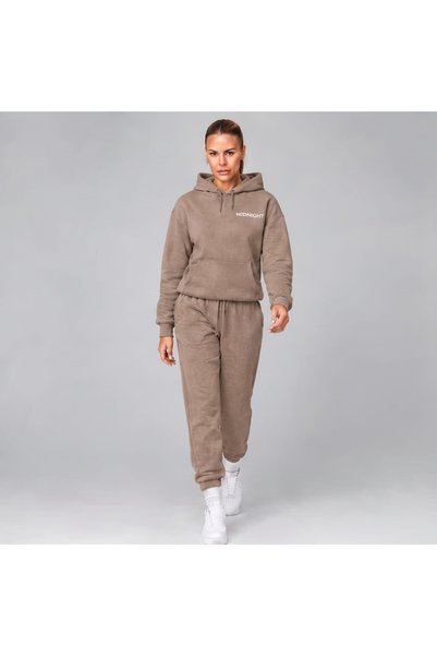 Gelsomino Women's Brown Hooded Kangaroo Pocket Tracksuit Set Oversize Mink Jo...