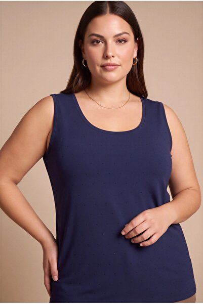 RMG Stone Detailed Large Size Round Viscose Undershirt Navy Blue
