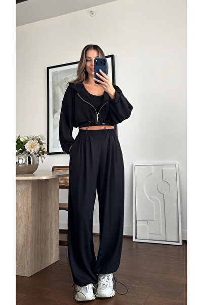 My Blog Black Hooded Crop Triple Set - 3223