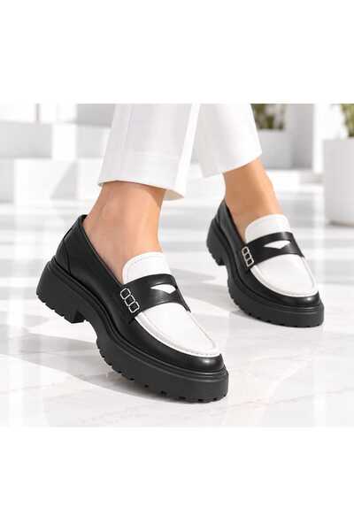Oneka Shoes Kadın Günlük Loafer Siyah-Beyaz napa 230926KLSB1020