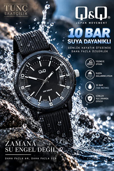 Q&Q Unisex ( Erkek/Kadın ) Kol Saati 10 BAR Su Geçirmez Siyah Silikon Kordon ...