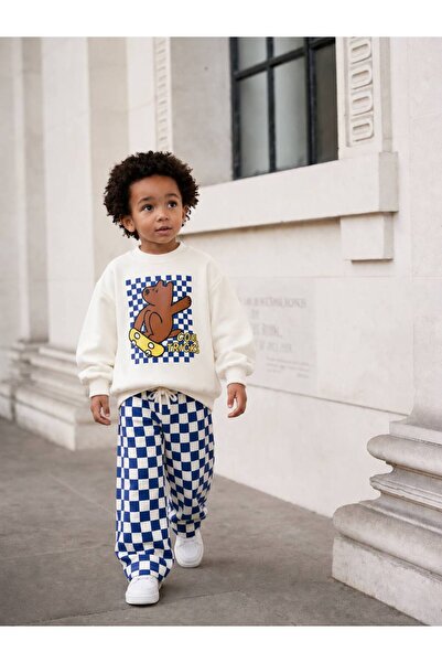 Alvadonna New Season Checkerboard Patterned Teddy Bear Boys' Top and Bottom Set