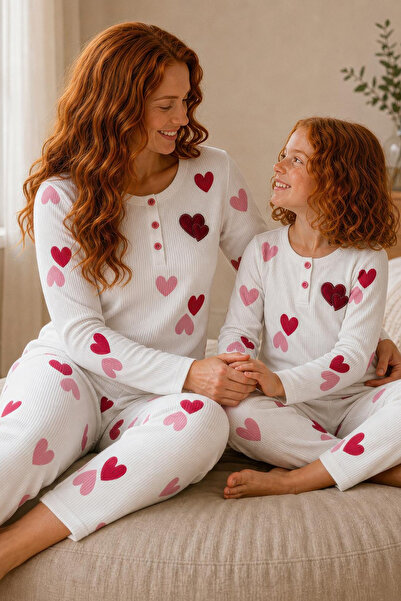 Tarık Women's Heart Patterned Front Buttoned Mother-Daughter Combination Cami...