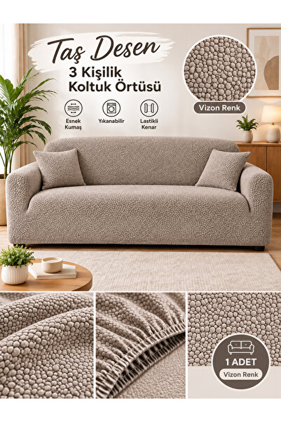 bibaha Jakarli Taş Desen Lastikli 3 kişilik Koltuk Örtüsü Kaymaz,Esnek,Yıkana...