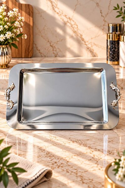 LAVONNI Pearl Steel Tea Tray |   Decorative Serving Tray |   Stylish and Eleg...