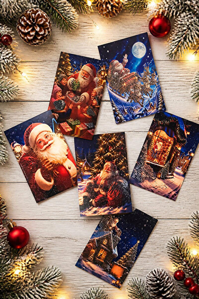 Bimotif 6lı Simli Yılbaşı Kartpostal Seti - Noel Baba (Kendinden Simli, Not Y...