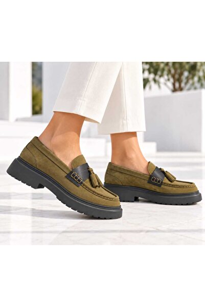 Oneka Shoes Kadın Günlük Loafer Püsküllü Yeşil süet 230926KLYS0948