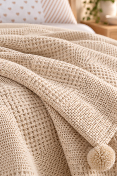 Nart Home 100% Cotton Double Pompom Pique Set Cream (Pique + Sheet + Pillowcase)