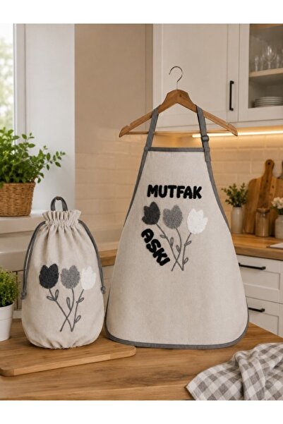 ALİNA HOME PUNCH MODEL KETEN MUTFAK ÖNLÜĞÜ & POŞETLİK 2 Lİ TAKIM