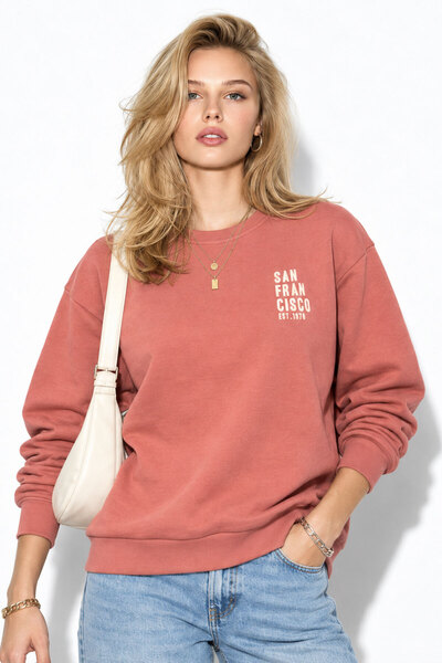 VENA Kadın Göğsü Baskılı Basic Sweatshirt %100 Pamuk-Gülkurusu