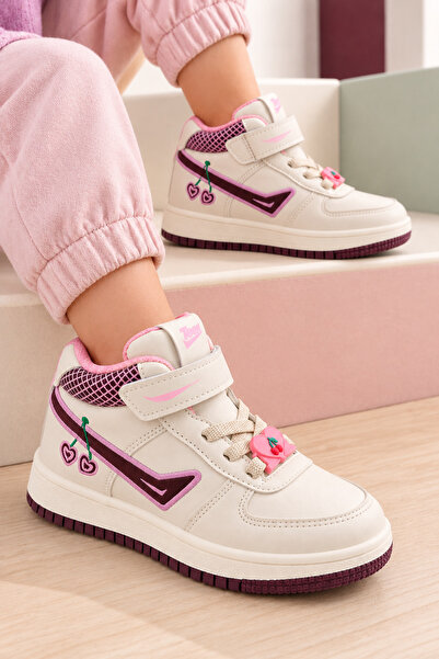 Slipcat Girl's Cherry Patterned, Velcro, Lace-Up Look, Casual Boots