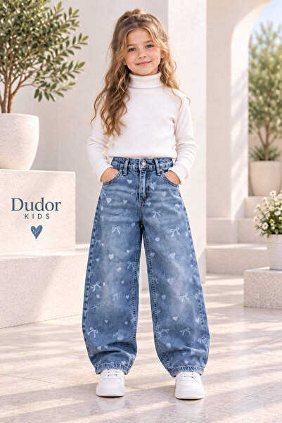 DUDOR KİDS KIZ ÇOCUK FİYONKLU KALPLİ MAVİ KOT PANTOLON(BAGGY KALIP)