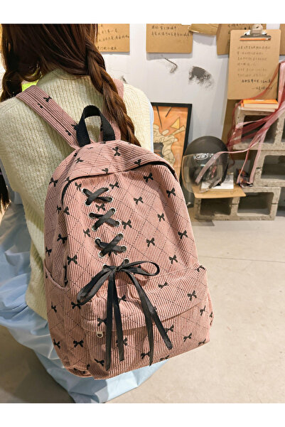 Take Two By Styli Pink Corduroy Bow Backpack