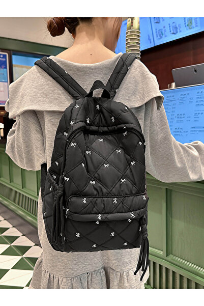 Take Two By Styli Black Quilted Backpack with Bows