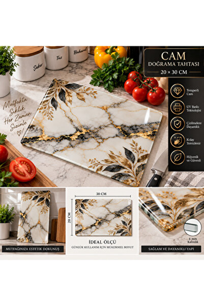 UV Baskılı Temperli Cam Doğrama Tahtası 20x30 cm Mermer Gold Desenli Kesme ve Sunum Panosu