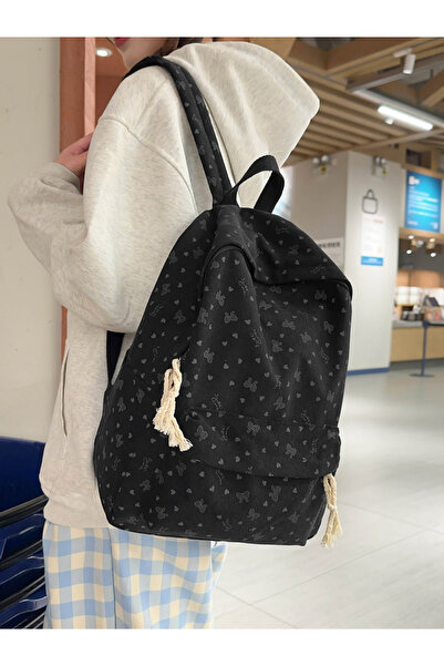 Take Two By Styli Black Corduroy Backpack with Bow Tie Print