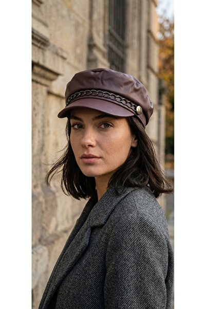 emybox Chain Detailed Black Leather Cap Hat Women's Winter Newsboy Hat Faux L...
