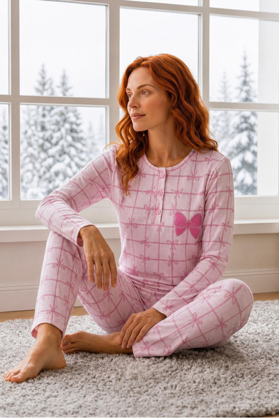 Tarık Women's Pink Ribbon Patterned Front Buttoned Mother-Daughter Combination Camisole Fabric Seasonal Pajama Set