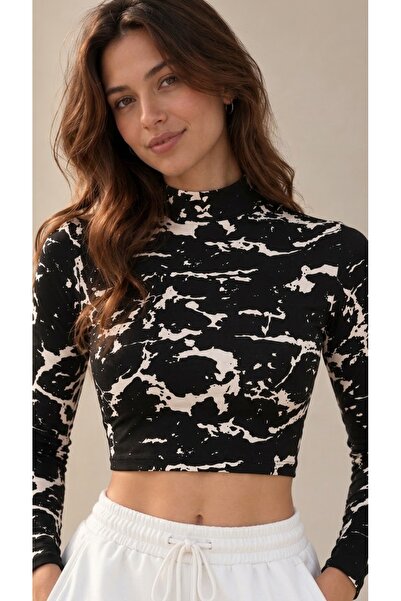MELA ROSSA Women's Black Marble Pattern Stand Collar Long Sleeve Viscose Fabr...
