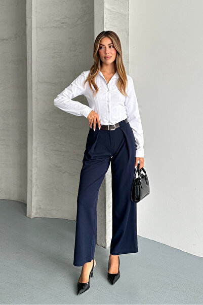macharel jeans بنطلون بالازو عالي الخصر مع حزام وجيوب كبيرة