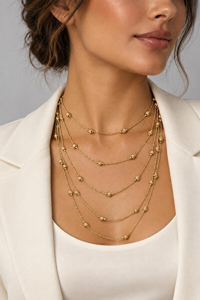 Modex Gold Color Dorika Beaded Layered Multi Chain Necklace (35Cm-55Cm)
