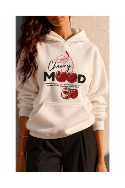 HAI COLLECTİON Kadın Sweatshirt 3 İplik Kiraz Baskılı Kapüşonlu Kanguru Cepli...