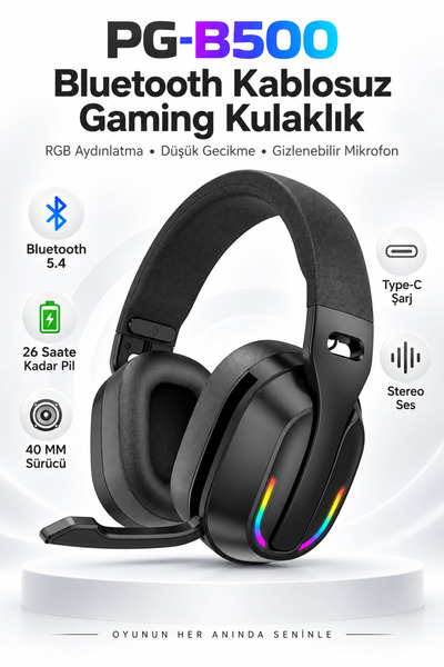 Technodia PG-B500 V5.4 Bluetooth Kablosuz Kulaklık RGB Aydınlatma 26 Saat Pil Düşük Gecikme