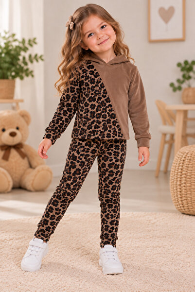 SERPİL Kız Çocuk Leopar Desenli Kadife Kapüşonlu 2'li Takım – Sweatshirt ve E...