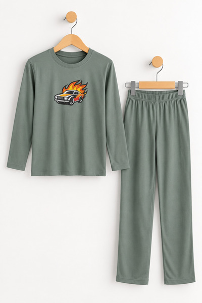 Tinymuyt Boy's Car Printed Combed Cotton 2-Piece Pajama Set Green