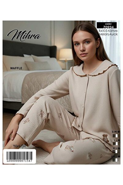 Mihra Waffle Kumaş Ayıcık Desenli Pijama Takımı – Kahverengi